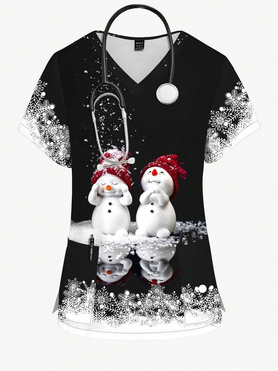 圣诞节可爱雪人卡通数码印花V领短袖女式时尚磨砂上衣 - 彩色 - 查看 1