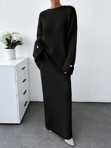 SHEIN Cottnline Plus Women Solid Color Chunky Sweater & Sweater Skirt Set - Black - View 6