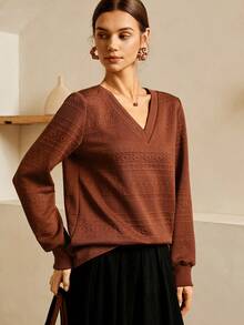 Lymera Women's Textured Floral Pattern V-Neck Casual Sweatshirt, Autumn/Winter - Brown - View 6