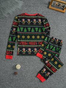 2件套男童像素圣诞机器人印花长袖上衣和紧身裤睡衣套装 - 黑色 - 查看 2