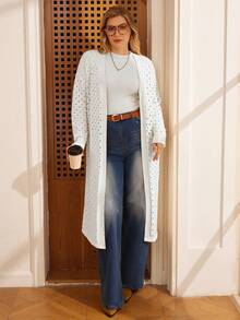 EMERY ROSE Plus Size White Polka Dot Drop Shoulder Long Sleeve Knit Cardigan For Women,Autumn Silky Smart Casual Elegant Open Front Sweater Fall Winter Clothes - Beige - View 6