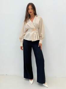 Siren Gaze Stylish Metallic Pleated Elegant Fitted Cotton Blouse For Women, 100% Cotton Fitted A-Line Long Sleeve Blouse. Winter Spring - Apricot - View 3