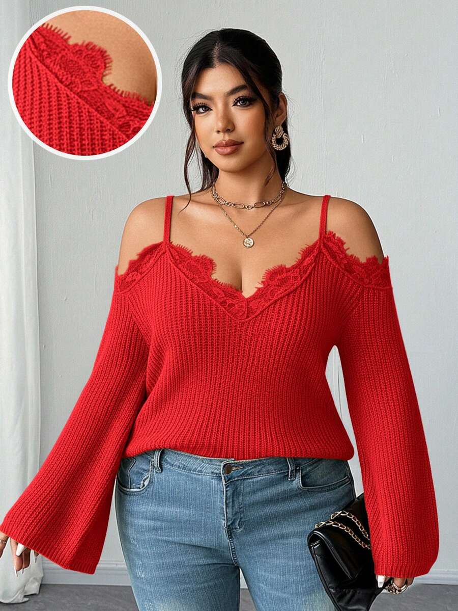 Elenzga Áo len chui đầu tay dài hở vai phối ren gợi cảm phong cách cổ điển thanh lịch dành cho nữ, dáng ôm vừa vặn, cỡ lớn, phong cách Goth Y2k, viền ren, hở vai, áo crop top tay dài, mùa xuân hè thu - Đỏ - Xem 1