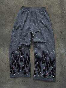 Manfinity Roghcode 男式字母与火焰印花抽绳腰袋阔腿宽松运动裤，Emo，2000 年代风格