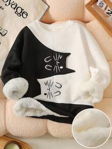 SHEIN Tween Girls' Loose Casual Color Block Cat Graphic Crew Neck Pullover Sweatshirt, Thick Thermal Lined - Black and White - View 1