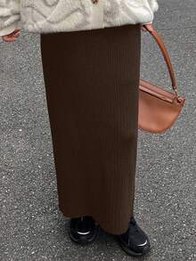 FRIFUL 女士休闲纯色针织裙，秋冬 - 棕色 - 查看 4