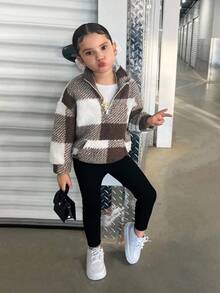 Bộ 2 áo nỉ kẻ caro dáng rộng cho bé gái + quần legging đen, mặc thường ngày, chất dày dặn - Màu Khaki - Xem 5