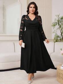 Modelyn Đầm midi tay phồng cổ chữ V màu trơn cỡ lớn, họa tiết lưới chắp vá eo - màu đen - Xem 6