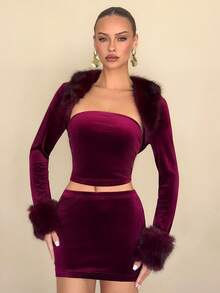 Rafferiza 3pcs/Set Plush Crop Top, Bandeau & Mini Skirt Sexy Women Outfit - Burgundy - View 7