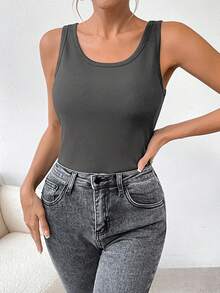SHEIN LUNE Women's Casual Ribbed Knit Thermal Lined Slim Fit Tank Top, Versatile Solid Color For Daily Commute, Autumn/Winter - Dark Grey - View 4