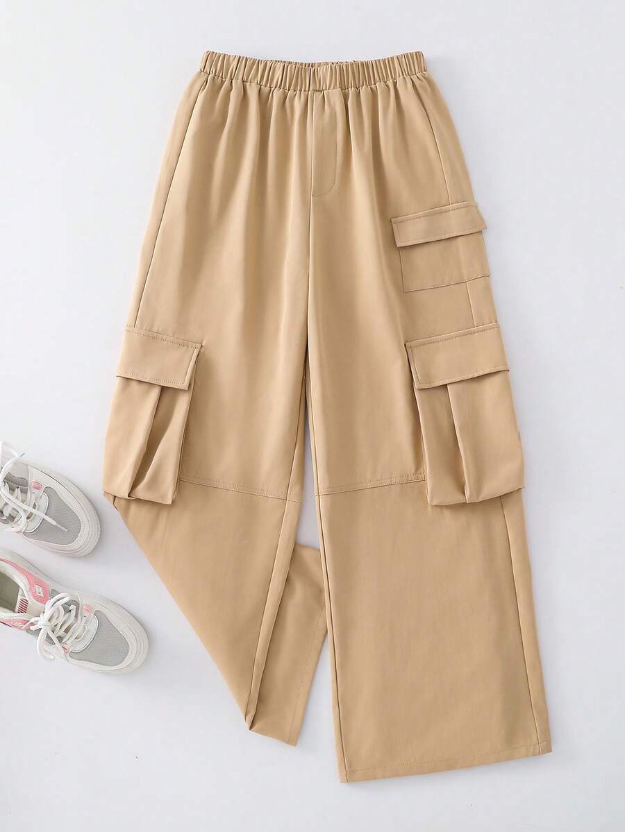 Pantalones rectos holgados de unicolor con bolsillo parche, versátiles y casuales para uso diario de niñas preadolescentes - Caqui - Ver 1