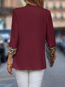 Editum 女式秋季休闲西装外套，豹纹拼接，3/4 袖 - 酒紅色 - 查看 2