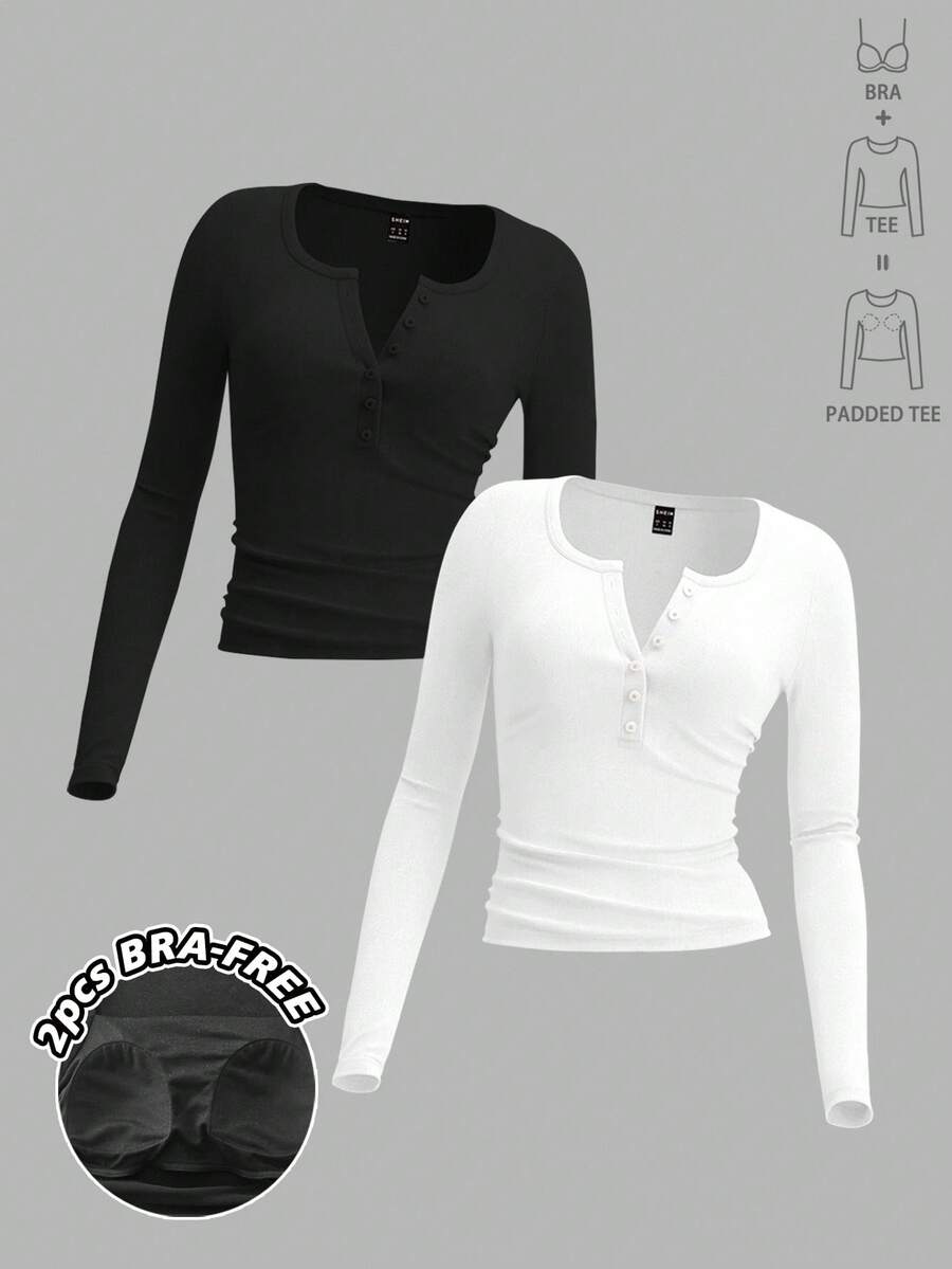 Tseoso 2 件女士休闲圆领亨利领长袖 T 恤套装，内置衬垫；百搭百搭；适合秋冬季；优雅、复古、可爱、复古、休闲修身女装 - 彩色 - 查看 1