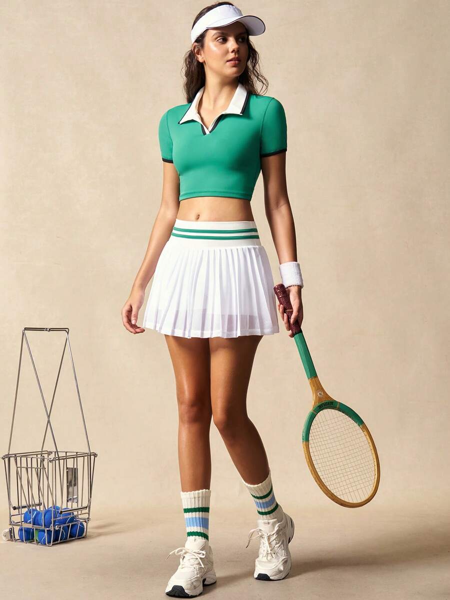VARSIVA Sports Women Dress Women's Summer Contrast Binding Collar Short Sleeve Cropped T-Shirt And Pleated Mini Skirt Tennis Outfit Tennis Dress Tummy Control Tennis Skirt Set Golf Women Set Tennis Dress Set Golf Skirt Set, Suitable For Spring Summer Fall Winter And All Seasons, Casual Gym Yoga Outdoor Holiday Vacation Yoga - Multicolor - View 1