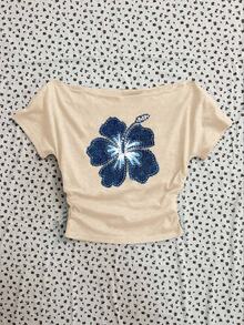 Attitoon 蓝色花卉图案女式休闲褶皱腰露肩紧身短袖 T 恤，适合夏季 - 杏色 - 查看 4