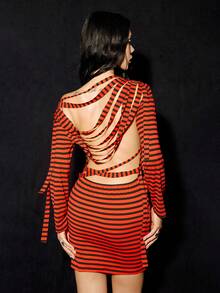 SHEIN ICON 女式露背条纹迷你紧身连衣裙，性感街头风格，适合万圣节，黑色和红色条纹 - 紅色和黑色 - 查看 7