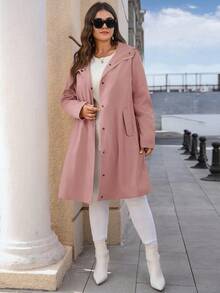 EMERY ROSE Abrigo largo tipo trench con capucha y cremallera de unicolor simple para uso diario y casual para mujeres de talla grande - Rosa - Ver 3