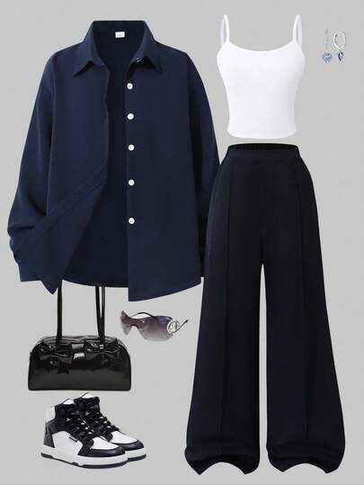 Sparklyn 3pcs/Set Teenage Girls Casual Commute Outfit, Delicate Fresh Floral Print Lightweight Shirt, Basic Camisole, And Solid Color Wide Leg Pants, Spring/Summer