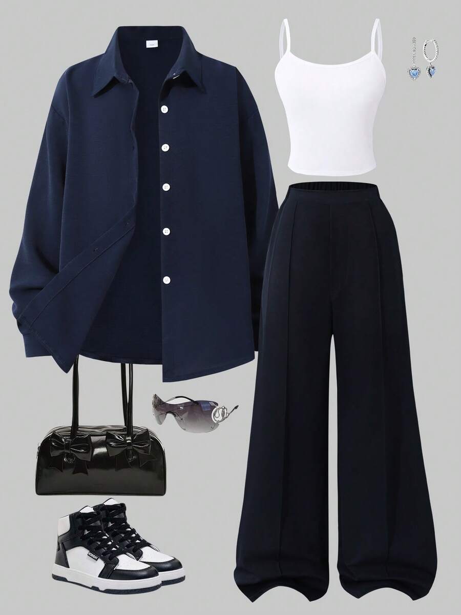 SHEIN 3pcs/Set Teenage Girls Casual Commute Outfit, Delicate Fresh Floral Print Lightweight Shirt, Basic Camisole, And Solid Color Wide Leg Pants, Spring/Summer - Navy Blue - View 1
