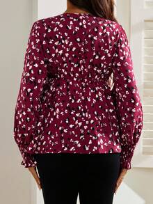 SHEIN Women's Floral Print V-Neck Tie Front Maternity Nursing Blouse, Autumn - Burgundy - View 2