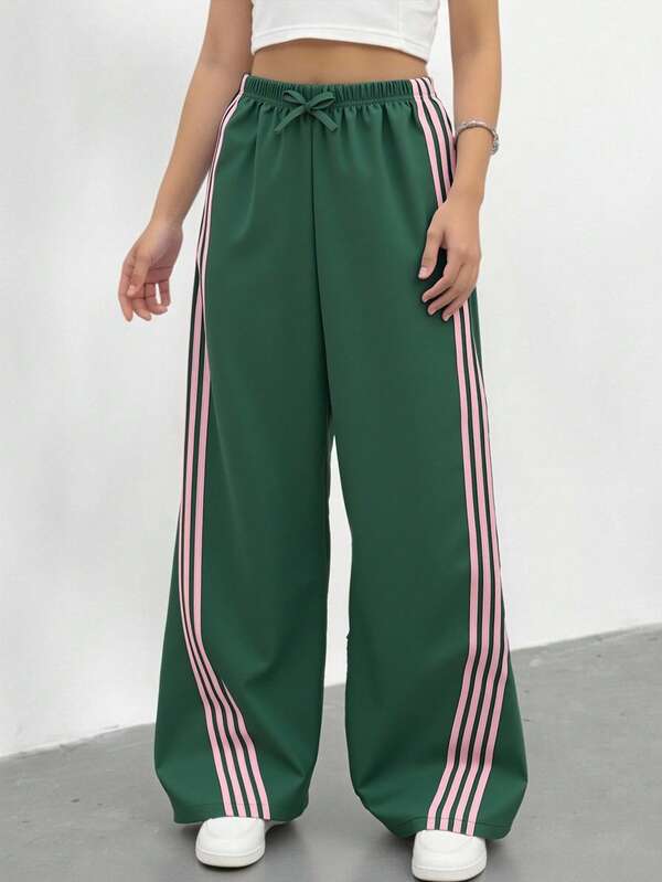 Tween Girls' Contrast Color Elastic Waist Drawstring Loose Straight Leg Casual Pants