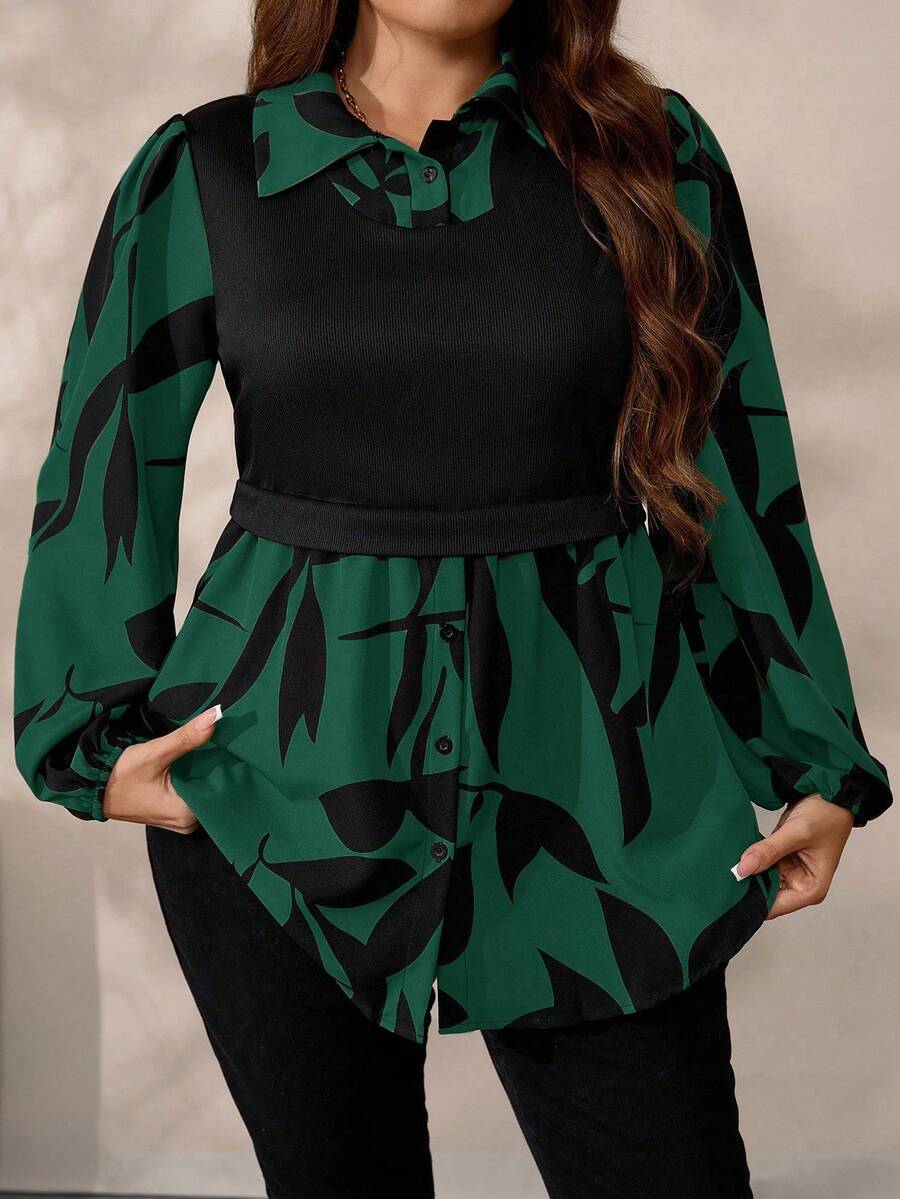 EMERY ROSE Blusa casual de punto con estampado floral y patchwork para mujer talla grande, otoño/invierno - Verde Oscuro - Ver 1