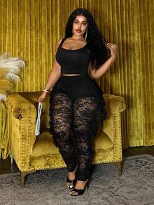 Slaydiva 2026秋冬大码女装，优雅蕾丝修身裤，适合乡村音乐节、婚礼宾客、约会之夜、派对等场合，性感修身。 - 黑色 - 查看 1