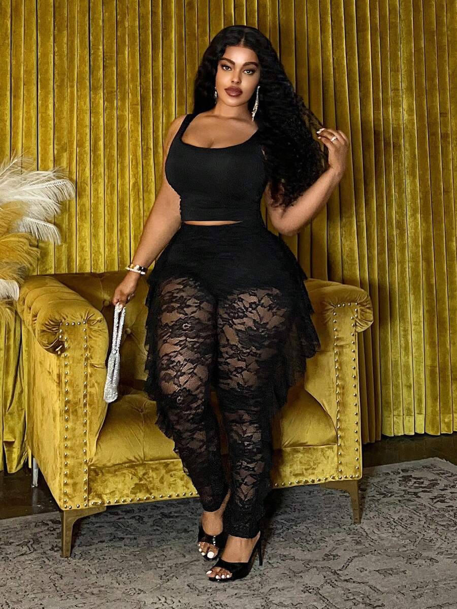 Slaydiva 2026秋冬大码女装，优雅蕾丝修身裤，适合乡村音乐节、婚礼宾客、约会之夜、派对等场合，性感修身。 - 黑色 - 查看 1