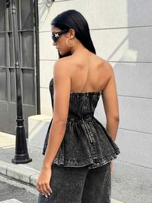 Jeanoix 女式 Y2K 荷叶边下摆时尚牛仔抹胸 - 黑色 - 查看 6