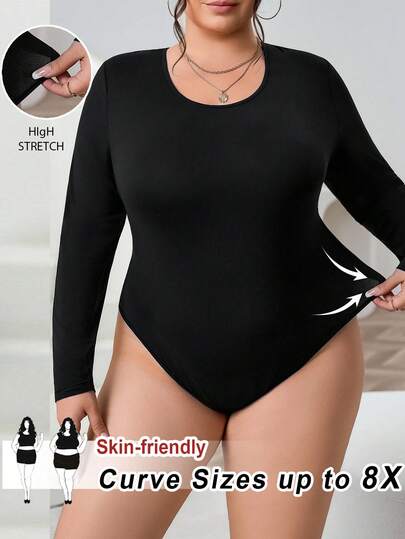 SHEIN CURVE+ Figurbetonter Bodysuit in Schwarz mit V-Ausschnitt in Große Größen