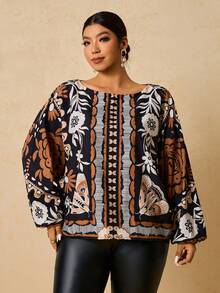 Travachic 大码女式印花长袖衬衫，大码秋季圆领束腰衬衫 - 黑色 - 查看 4