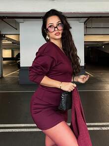 NegzBox Women's Elegant Hook Front Raglan Sleeve Top And High Waist Bodycon Skirt 2 Pieces Suit In Burgundy,Burgundy Tops - Burgundy - View 5