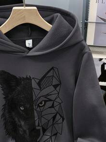 SHEIN 1件青少年男童休闲百搭舒适狼图案宽松连帽卫衣，适合派对礼物、返校季、秋冬季、感恩节、圣诞节、冬季等场合，温暖舒适的秋冬款式，连帽卫衣 - 深灰色 - 查看 5