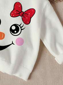 SHEIN Happikins 聖誕女嬰可愛雪人圖案奶油白圓領長袖冬季毛衣，秋季舒適日常穿著家庭套裝 - 白色 - 查看 6