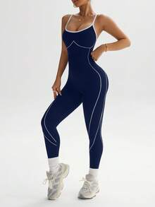Dewbera 女式休闲运动撞色修身连体裤 - 藏蓝色 - 查看 8