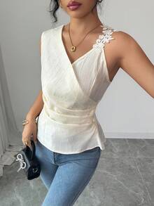 SHEIN Elenzya Women's Elegant Lace Patchwork Waist Sculpting Sleeveless Top, Summer - Apricot - View 4