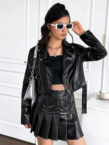 SHEIN X Jwoww Teen Girls' Black Solid Color Faux Leather Biker Jacket, Casual  Versatile Short Style, Winter