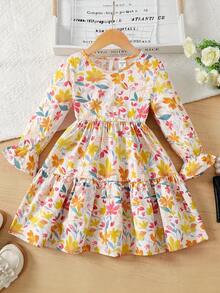 SHEIN NovaGlow 童装年轻女孩小女孩碎花圆领泡泡袖修身休闲蛋糕 A 字连衣裙，秋冬新品 - 卡其色 - 查看 6