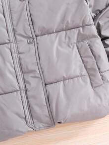 SHEIN Tween Girl Solid Color Long Sleeve Zipper Front Casual Loose Winter Jacket - Light Grey - View 4