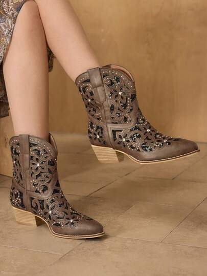 MOTF WOMEN'S WINTER NEW CHUNKY HEEL ROUND TOE EMBROIDERED HOLLOW RIVET KNIGHT BOOTS