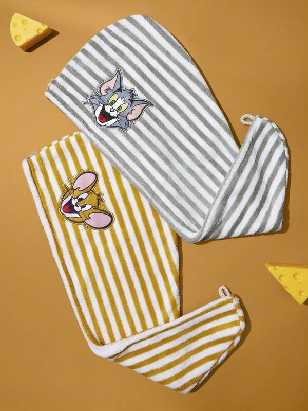 TOM & JERRY X SHEIN 1 Pc Striped Printed Dry Hair Cap, Super Absorbent Coral Fleece Material, Suitable For Various Hair Qualities, Water Absorption And Easy Drying, Yellow/Gray