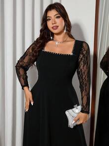 Modelyn 加大码黑色蕾丝长袖水钻装饰修身优雅连衣裙，适合外出约会 - 黑色 - 查看 5
