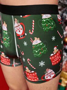 Notgurli Christmas Funny Print Cartoon Quirky Santa Claus, Gift Box, Candy Cane, Bell, Snowflake, Snowman, Family Party Men's Mid-Length Boxer Briefs - Green - View 5