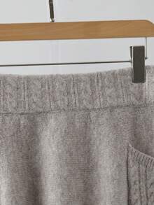 Linhara Plus Size Women Solid Color Knitted Ribbed Side Pocket Casual Skirt, Suitable For Vacation, Back To School, Home, Office, Autumn/Winter - Khaki - View 3