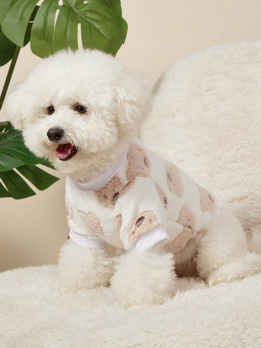 PETSIN 1件宠物猫狗白色卡其色小熊印花天鹅绒面料，保暖、弹性好、舒适，狗狗圆领卫衣 - 白色 - 查看 1