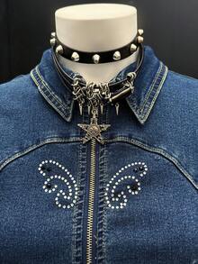 Jeanoix 女士长袖拉链翻领修身牛仔外套 - 深色水洗藍 - 查看 5