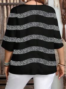 EMERY ROSE Plus Size Women's Casual Minimalist Black & Gray Striped Shirt, Suitable For Summer,Spring/Vacation - Multicolor - View 2