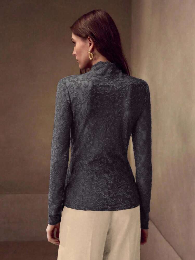 ELEGANT FLORAL TEXTURED LONG SLEEVE TURTLENECK UNDERSHIRT, STRETCHY SHEER CASUAL/WORK WEAR FOR WOMEN, AUTUMN/WINTER