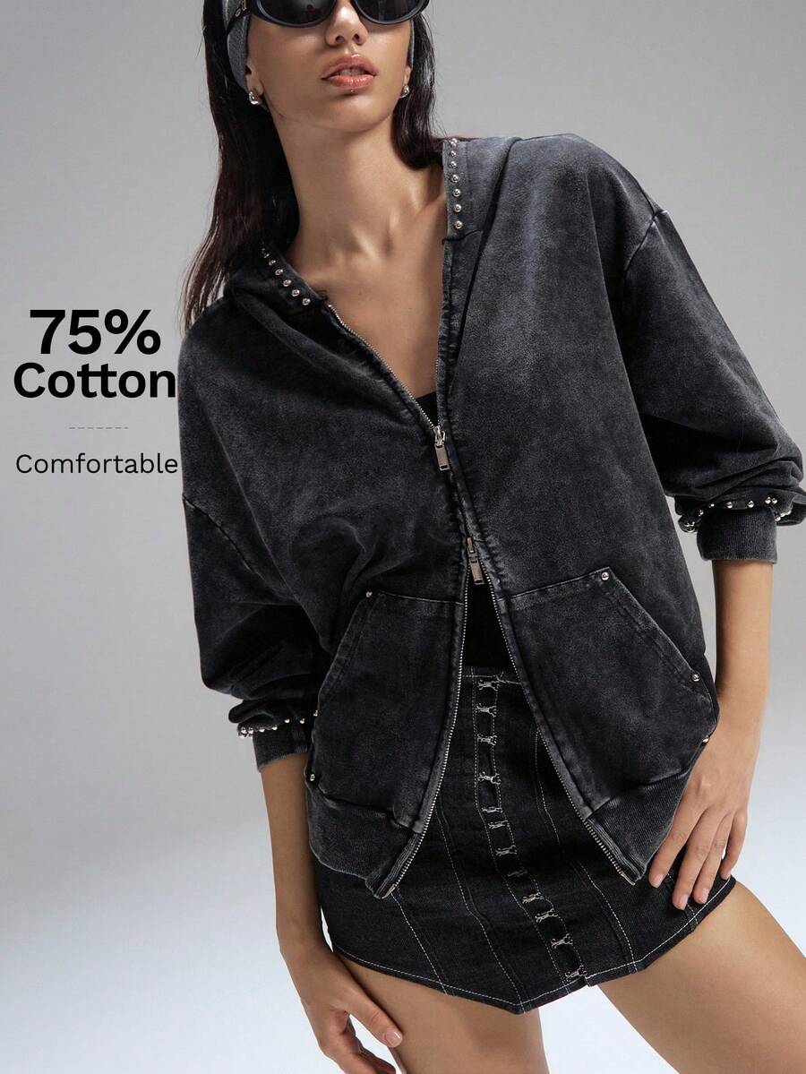 LYSMO 街头潮流男女通用金属孔眼设计纯色落肩拉链前开衫，适合返校、旅行、秋冬