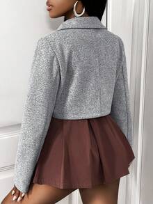 BamGleam Women's Solid Color Long Sleeve Zip-Up Casual Short Overcoat, Autumn/Winter - Grey - View 2